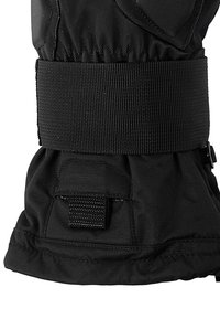 Gant de neige noir présentant un tissu extérieur texturé, un poignet élastique et une sangle velcro. Comprend une zone renforcée pour plus de durabilit é.