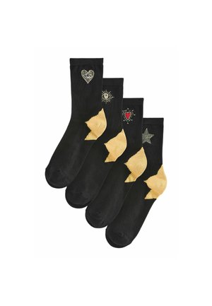 Set of four black cotton socks featuring gold accents and embroidered designs: heart, sun, star, and decorative patterns on cuffs.