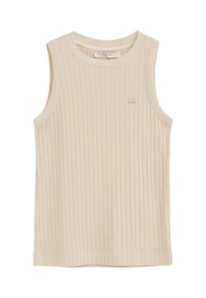Haut sans manches en maille côtelée beige avec encolure ronde et petit logo brodé sur la poitrine, taille small, en plan à plat sur fond blanc.