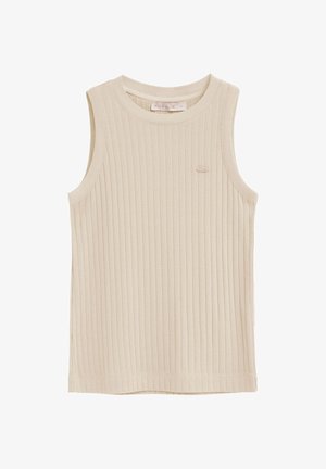 Haut sans manches en maille côtelée beige avec encolure ronde et petit logo brodé sur la poitrine, taille small, en plan à plat sur fond blanc.