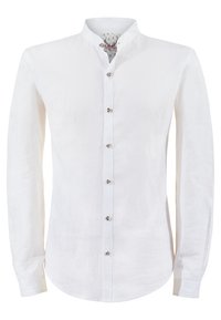 Weißes Leinenhemd mit Stehkragen, langen Ärmeln und einer Knopfleiste mit Metallknöpfen. Glatte Textur mit subtiler glänzender Optik.