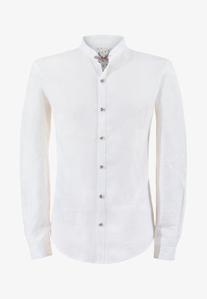 Weißes Leinenhemd mit Stehkragen, langen Ärmeln und einer Knopfleiste mit Metallknöpfen. Glatte Textur mit subtiler glänzender Optik.