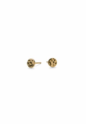 Small round gold stud earrings with a textured, hammered surface shown on a white background.