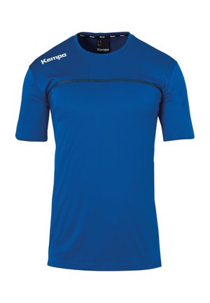 Blaues Sport-T-Shirt aus leichtem Material, mit Rundhalsausschnitt, kurzen Ärmeln und einem schwarzen horizontalen Streifen über der Brust.