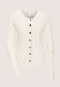 Witte gebreide cardigan met diamantpatroon, lange mouwen, ronde halslijn en zes decoratieve vierkante knopen aan de voorkant.