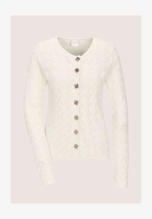 Weiße Strickjacke mit Rautenmuster, langen Ärmeln, rundem Ausschnitt und sechs dekorativen quadratischen Knöpfen vorne.