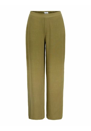 Pantalons à jambes larges en vert olive. Fabriqués dans un tissu texturé avec une taille élastique, présentant une finition lisse et sans matériel visible.