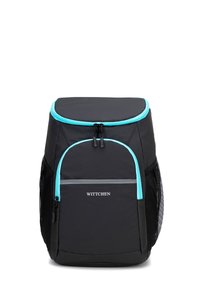 Czarny plecak z turkusowymi akcentami, z wyściełanym wierzchem, przednią kieszenią i siateczkowymi kieszeniami bocznymi; wykonany z trwałego materiału, z logo.