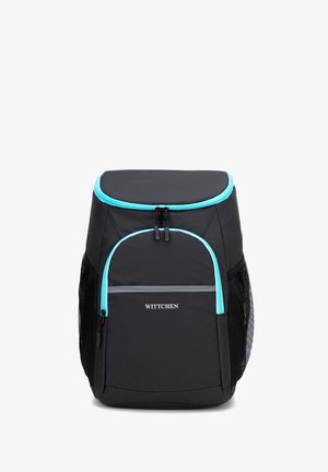Mochila negra con acentos turquesa, parte superior acolchada, bolsillo frontal y bolsillos laterales de malla; hecha de material duradero y con un logotipo.