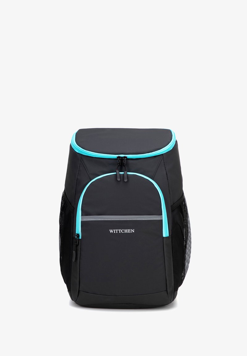 Sac à dos noir avec des accents turquoise, dessus rembourré, poche avant et poches latérales en maille ; fabriqué en matériau durable, arborant un logo.