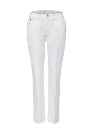 Pantalon slim fit blanc pour femmes avec bouton devant, fermeture éclair et petite poche boutonnée sur la ceinture, fabriqué par Street One.