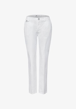 Pantalon slim fit blanc pour femmes avec bouton devant, fermeture éclair et petite poche boutonnée sur la ceinture, fabriqué par Street One.