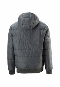 Gray puffer jacket with a hood, featuring quilted panels and ribbed cuffs and hem. Smooth texture and lightweight insulation.