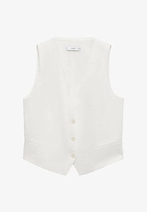 Weißes ärmelloses Oberteil mit V-Ausschnitt, ausgestattet mit vier Knöpfen und zwei Fronttaschen. Glatte Textur und taillierte Passform.