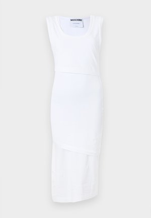 Rochie albă Moschino cu design fără mâneci, decolteu rotund și linie asimetrică a tivului. Confecționată dintr-un material neted și ușor.