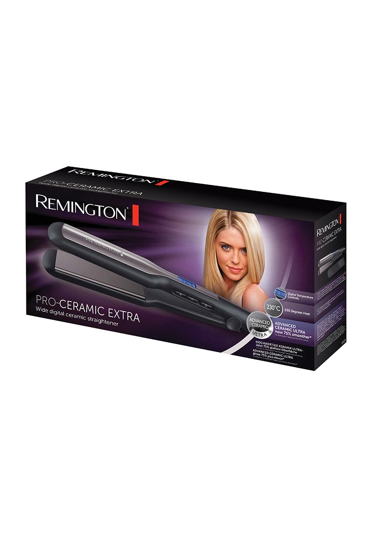 Prostownica Remington Pro-Ceramic Extra w kolorze czarnym z cyfrowymi sterowaniami. Opakowanie zawiera nazwę produktu, informacje o temperaturze oraz zdjęcie modelu.