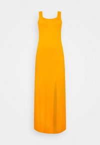 Żółta, bezrękawna sukienka maxi z kwadratowym dekoltem i rozcięciem z przodu. Wykonana z gładkiej, elastycznej tkaniny. Prosty i jednolity kolor.