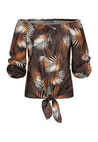 Blouse épaules dénudées en tissu marron à motif de feuilles de palmier tropicales en crème et orange, nouée à la taille avec un nœud.