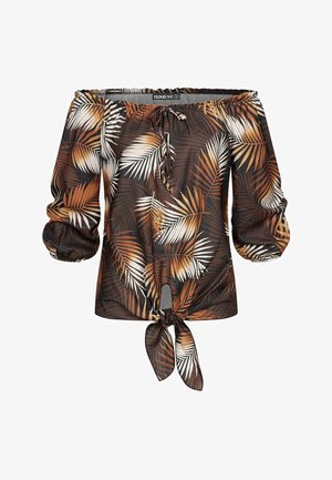 Olkapäät paljastava pusero, jossa ruskea kangas ja trooppinen palmulehtikuvio kermanvalkoisena ja oranssina, vyötäröllä solmittu rusettina.