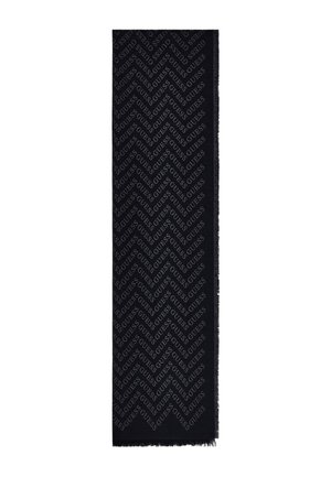 Schwarzer rechteckiger Schal mit wiederholendem diagonalen „GUESS“-Logo-Muster und Fransen am Rand.