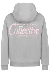 Grey hooded sweatshirt with pink text print reading "Unlimited Young Authentic Collective" and additional phrases, soft fabric texture.