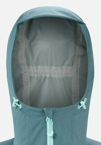 Veste à capuche bleu clair au toucher lisse. Comprend une fermeture éclair centrale et des cordons ajustables de chaque côté pour un ajustement sécurisé.