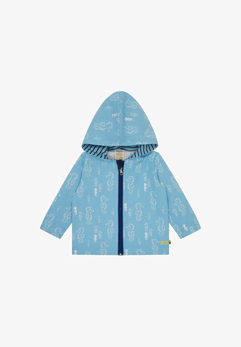 Hellblaues Zip-Jackett mit Kapuze, das mit weißen Seepferdchen- und Blasenmustern sowie einem gestreiften Innenfutter versehen ist. Hergestellt aus weichem Material.