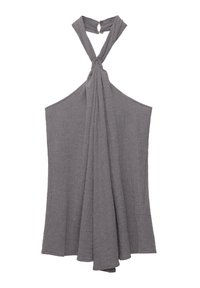 Gray halter top made from textured fabric, featuring a knot detail at the neckline and flowing, draped design at the torso.