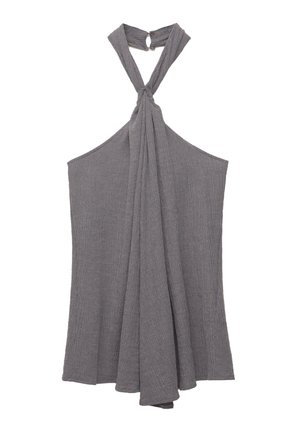 Top gri cu bretele halter, realizat dintr-un material texturat, având un detaliu cu nod la decolteu și un design fluid, drapat, la nivelul toracelui.