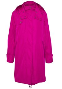 Roze waterdichte parka-jas met capuchon, drukknoopsluiting, zijzakken en verstelbare manchetten. Glad oppervlak en knielengte ontwerp.