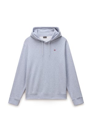 Světle šedá mikina s kapucí a předními šňůrkami, s malým logem norské vlajky na levé straně hrudi.