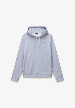 Sudadera con capucha de color gris claro, con cordones frontales y un pequeño logo de la bandera noruega en el pecho izquierdo.