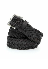 Cintura in pelle nera intrecciata con una fibbia in metallo. Il design testurizzato presenta un'intrecciatura intricata e dettagli piatti per una vestibilità regolabile.