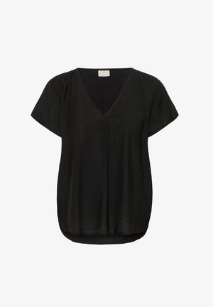 Černá blůzka s krátkým rukávem a výstřihem do V, která je volnější a má jemnou strukturu. Diskrétní záhyby přidávají vizuální zajímavost na přední části.