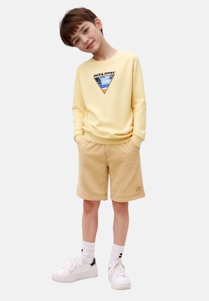 Gelbes Sweatshirt mit einem dreieckigen Grafikdesign, beigen Shorts und weißen Sneakers. Glatte Textur, lässiges Design, einfache Farbpalette.