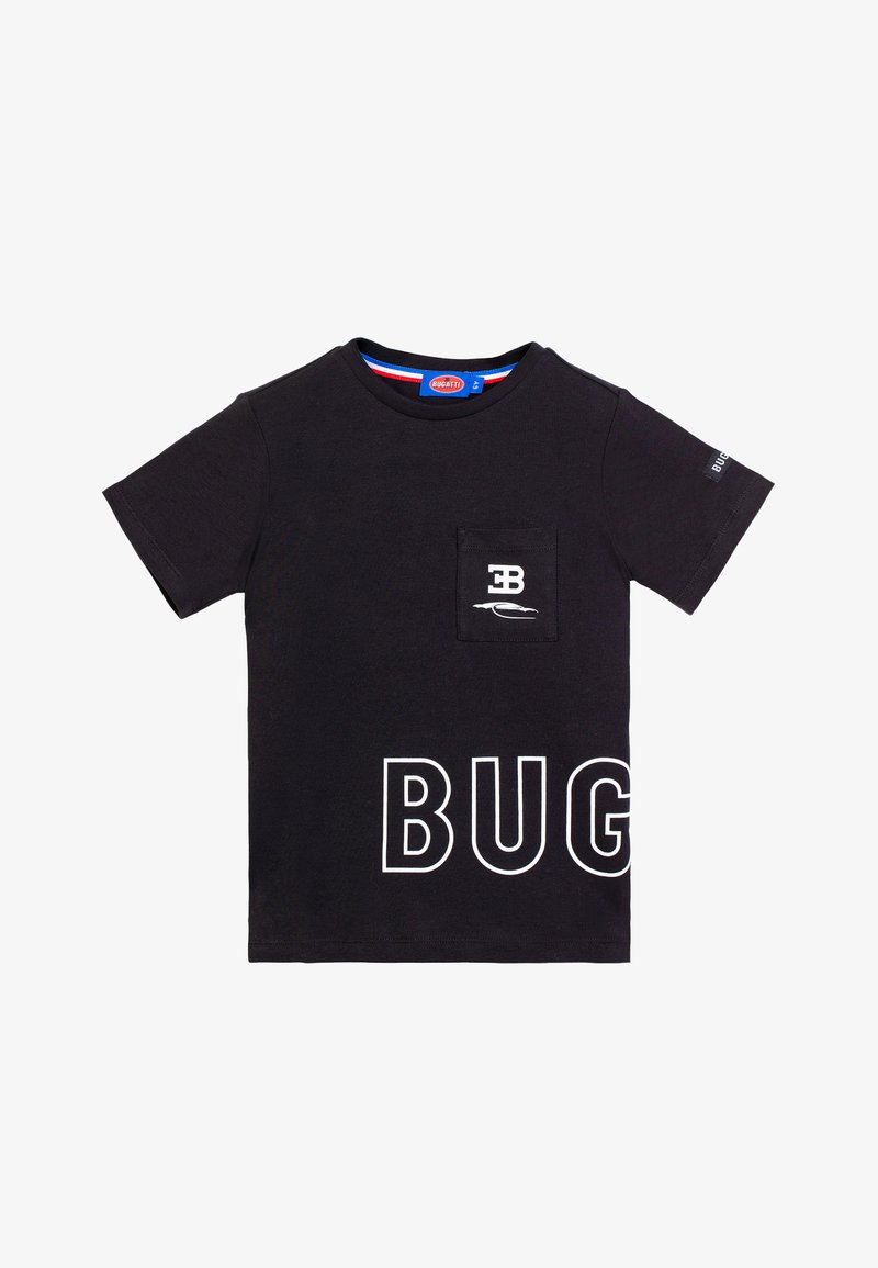 Maglietta nera a maniche corte per bambini con logo Bugatti sul taschino del petto e grande scritta bianca "BUG" vicino all'orlo inferiore.