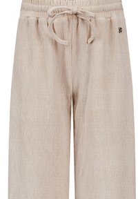 Linnenmix, wijde broek in een lichtbeige tint. Getextureerde stof met verticale lijnen en een trekkoord in de taille. Klein logo detail aan de zijkant.
