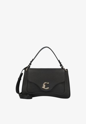 Juodas odinis rankinis krepšys su tekstūruotu paviršiumi, lenkta forma, aukso spalvos detalių ir išsikišusiu sagtimi, turinčia 'C' logotipą.