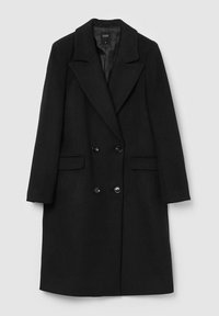 Cappotto di lana nero con chiusura doppiopetto, colletto a fessura e due tasche frontali.Texture liscia con finitura opaca.