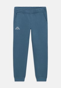 Mīkstas auduma pelēkzilas treniņbikses ar auklu jostasvietā, divām sānu kabatām un mazu baltu logo uz kājas.