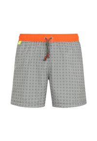 Shorts de bain en tissu gris à motifs, avec une taille élastique orange, un cordon de serrage réglable et des accents rouges.