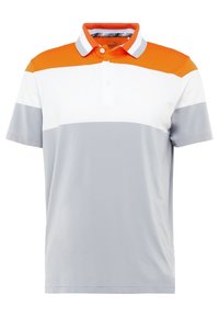 Polo léger avec des rayures horizontales orange, blanches et grises, doté d'une patte à deux boutons. Fabriqué en tissu lisse et respirant.