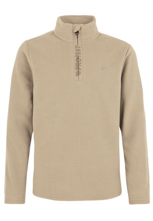 Dreng iført en beige fleecejakke med lynlås, navy vinterbukser, sorte støvler og en navy beanie, stående mod en hvid baggrund.
