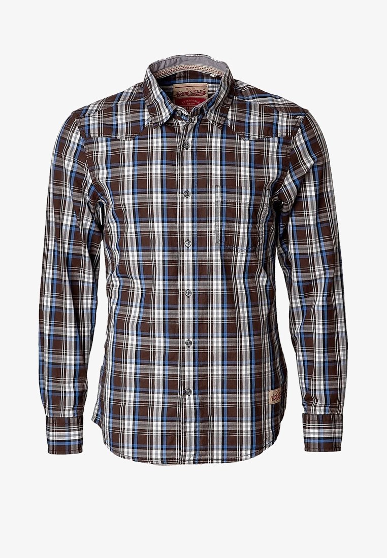 Chemise à manches longues avec boutons, motif à carreaux marron, bleu et blanc, col ouvert et poche poitrine à l'avant.