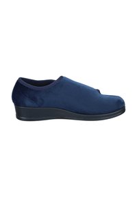 Navy blue velvet slip-on shoes with a rounded toe, elastic trim, and a low black wedge sole. Smooth texture with minimal detailing.