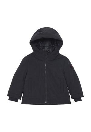 Giacca nera con zip e cappuccio, caratterizzata da una texture liscia, tasche laterali e dettagli di cucitura sottili, progettata per calore e comfort.