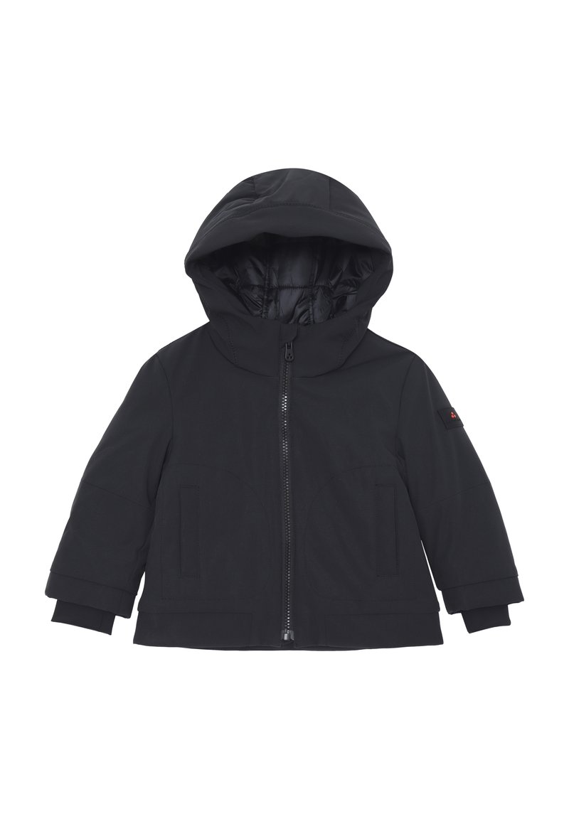 Giacca nera con zip e cappuccio, caratterizzata da una texture liscia, tasche laterali e dettagli di cucitura sottili, progettata per calore e comfort.