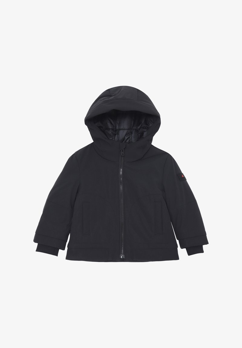 Giacca nera con zip e cappuccio, caratterizzata da una texture liscia, tasche laterali e dettagli di cucitura sottili, progettata per calore e comfort.