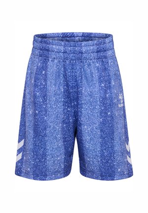 Blå atletikshorts med et tekstureret mønstret prikket design, elastisk linning og hvide chevronstriber på siderne.