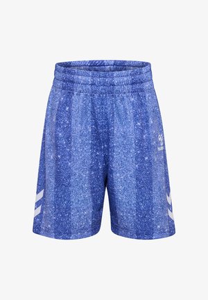 Blauwe sportshorts met een gestructureerd gevlekt patroon, elastische tailleband en witte chevronstrepen aan de zijkanten.